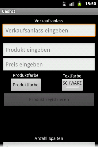 Cashit die mobile Kasse von Pineapple Developer, Inhaber Johannes Schuh - Screenshot der Android App