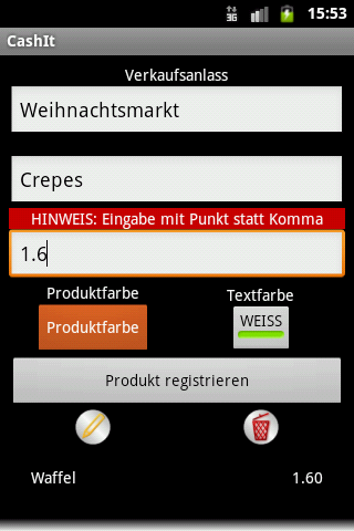Cashit the mobile cash desk by Pineapple Developer, owner Johannes Schuh - Screenshot of the Android App
