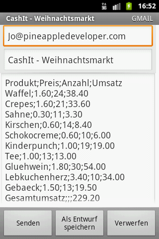 Cashit die mobile Kasse von Pineapple Developer, Inhaber Johannes Schuh - Screenshot der Android App