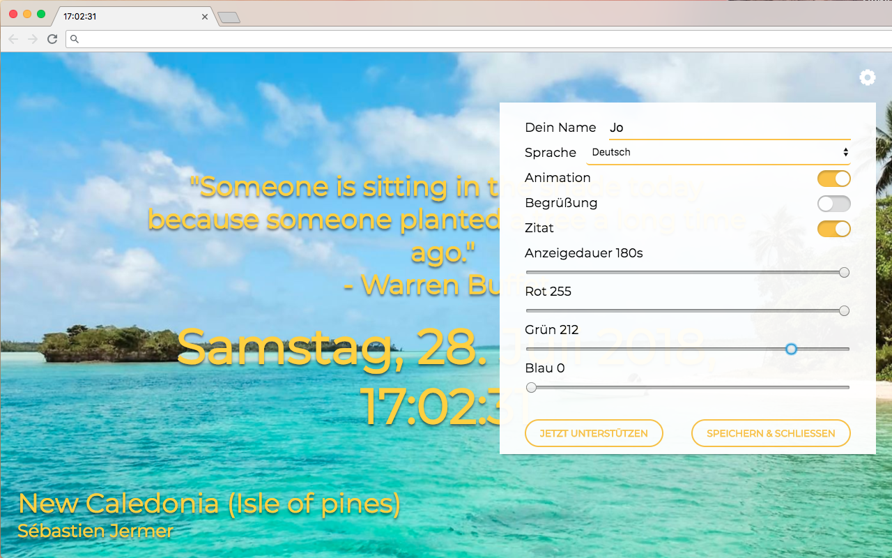 Pretty New Tab von Pineapple Developer, Inhaber Johannes Schuh - Screenshot des Chrome Extensions