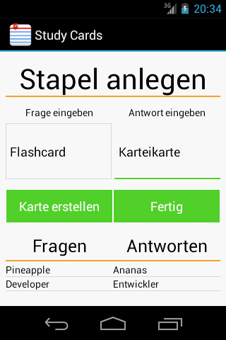 StudyCards von Pineapple Developer, Inhaber Johannes Schuh - Screenshot der Android App